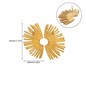 Detailed size view of irregular sunburst 18K gold plated stainless steel fan earrings