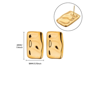 Detailed view of hammered 18K gold plated rectangular earrings with dimensions shown