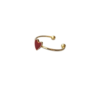 Minimalist gold-plated open ring featuring a red heart enamel design on white background