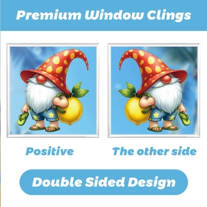 Detail of double-sided summer gnome window cling featuring vibrant lemon and polka dot hat