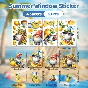 Detailed size chart for 4 sheets of summer gnome static window stickers showing dimensions