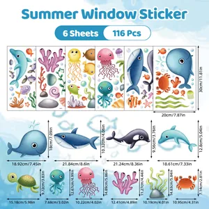 Detailed size guide for 6 sheets of cartoon ocean life static window stickers