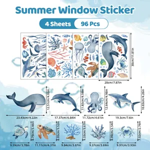 Detailed size chart for 4 sheets of cartoon ocean life static window stickers