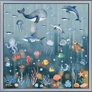 Detailed watercolor ocean creatures static stickers featuring whales, sharks and coral reefs