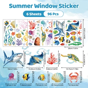 Detailed view of 6 sheets including 96 pcs colorful sea life summer static window stickers