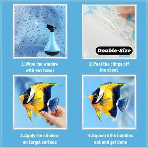 Step-by-step installation guide for static cling window stickers with colorful fish motifs