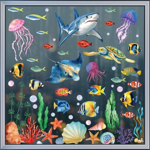 Detailed watercolor ocean animal window decals featuring sharks and sea turtles