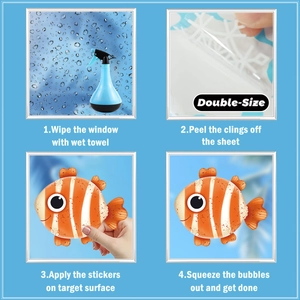 Detail showing the double-sided visual effect and 4-step installation of clownfish static stickers
