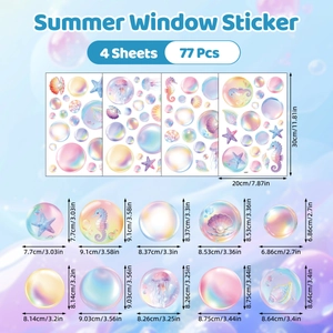 Detailed view of 4-sheet summer ocean bubble window stickers showing exact dimensions