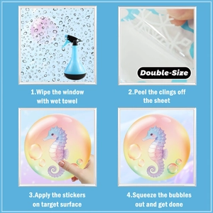 Detail showing static window stickers with seahorse and snowflake patterns and instructions