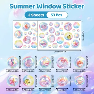 Size chart for summer ocean static window clings showing dimensions for all 53 stickers