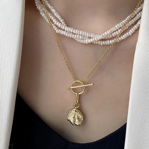 S925 Sterling Silver Toggle Clasp Irregular Molten Texture Round Coin Pendant Necklace Women Minimalist Chic Jewelry