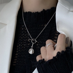 Chic S925 sterling silver OT buckle necklace with textured pendant and minimal cross ring