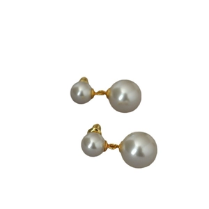 Elegant double white pearl stud earrings with gold metal links for women in minimalist style