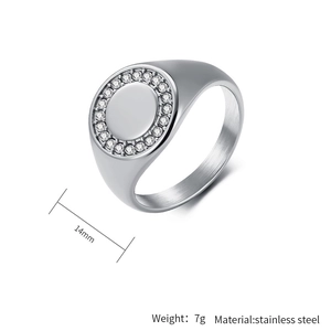 Detailed view of 14mm silver signet ring in stainless steel with crystal pavé setting