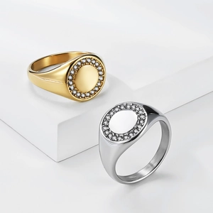 Polished gold and silver titanium steel signet rings with halo cubic zirconia accents