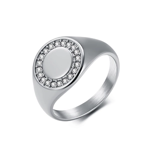 Titanium steel gold-plated signet ring with white diamond border on white background