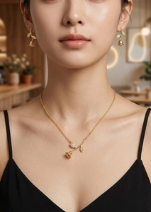 Dettaglio del set collana e orecchini a rosa in oro 18K con pietre di zircone scintillanti
