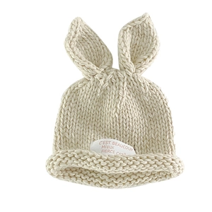 Handmade chunky knit baby beanie with rabbit ears in cream white color