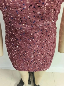 Detailed view of mauve sequin dress featuring shimmering round beads and ruching texture
