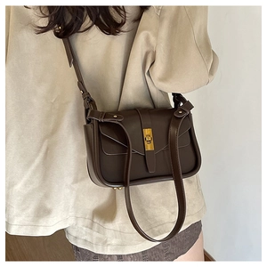 Détail du sac bandoulière marron foncé minimaliste avec élégant fermoir doré rectangulaire
