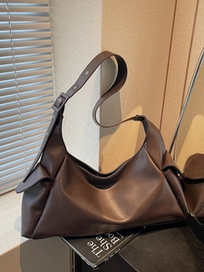 Minimalist large brown PU leather hobo shoulder bag with soft slouchy half-moon structure
