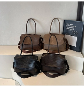 Close-up of crocodile pattern leather tote bags in black, dark brown, and coffee tones