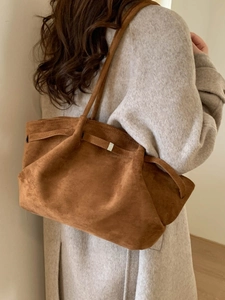 Retro Suede Look PU Leather Tote Bag For Women Large Capacity Shoulder Bag With Bear Pendant Minimalist Casual Bag