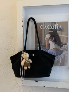 Large vintage black faux suede tote bag with teddy bear charm for women students