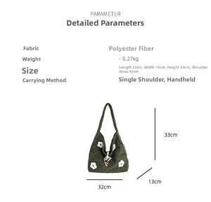 Size chart and dimensions for the floral embroidery plush tote bag in green