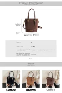 Size chart for vintage PU bucket bag showing dimensions 19x18x10cm and color options