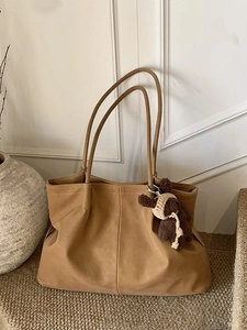Retro khaki large tote bag with shoulder straps and cute knitted animal pendant