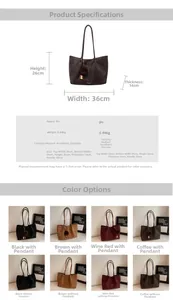 Detailed size guide and color options for large vintage PU leather tote shoulder bag
