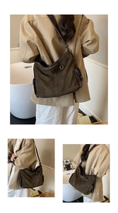 Detail showing the retro dark brown suede and leather patchwork with functional side pockets