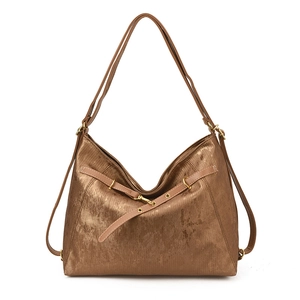 Metallic bronze large tote bag with decorative buckle and long shoulder straps