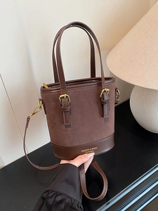 Vintage Women Suede Patchwork Bucket Bag Contrast Color Handheld Crossbody Shoulder Bag Street Trend Fashion Daily Handbag