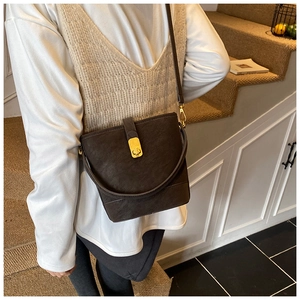 Close-up of a retro dark brown bucket bag featuring gold metal buckle and matte leather