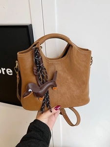 Damen Casual PU Leder Eimertasche Kontrastnähte Umhängetasche Mit Dackel-Anhänger Vintage Sub-Mother Handtasche Für Damen
