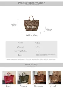 Detailed size guide and four colors display of the leopard print canvas tote bag