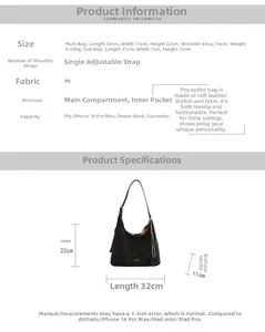 Detailed size chart of black PU leather tote bag with interior compartments and dimensions