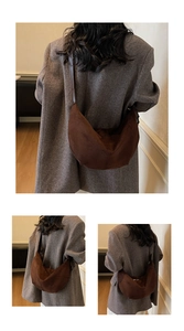 Retro dark brown suede crescent bag styled with a grey wool coat for daily commute