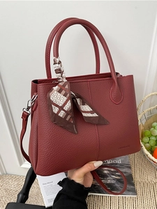 Women PU Leather Handbag Large Capacity Shoulder Crossbody Bag Minimalist Bucket Bag With Decorative Scarf Lychee Pattern Fashion Tote