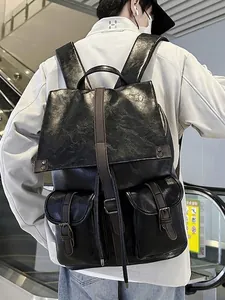 Sac à dos vintage en cuir PU pour hommes avec grande capacité et doubles poches