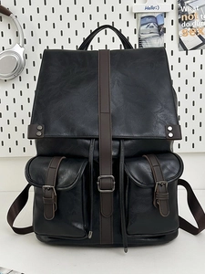 Sac à dos vintage en cuir PU noir avec sangles brunes et fermeture à cordon