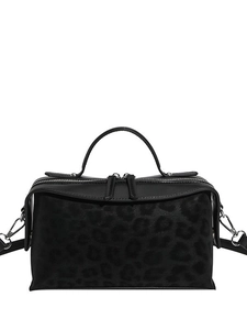Black leopard embossed rectangular handbag with dual zippers and detachable shoulder strap