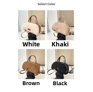 Plush faux fur handbag in white, khaki, brown, and black with detachable straps