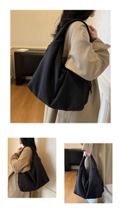 Three-angle views showing the large capacity and soft texture of this black hobo tote bag