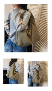 Three lifestyle views of a large olive nylon hobo tote bag for daily casual use