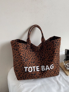Stylish large capacity leopard print canvas tote bag with white lettering for women