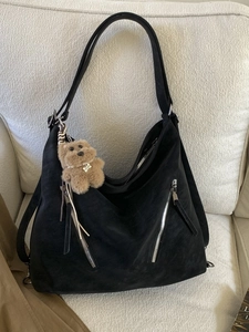 Retro black faux suede tote bag with dual zippers and cute bear charm for women